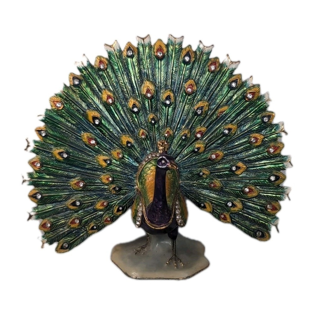 Sorelle Peacock Trinket Box Gold tone Hinged Storage Colorful Bejeweled